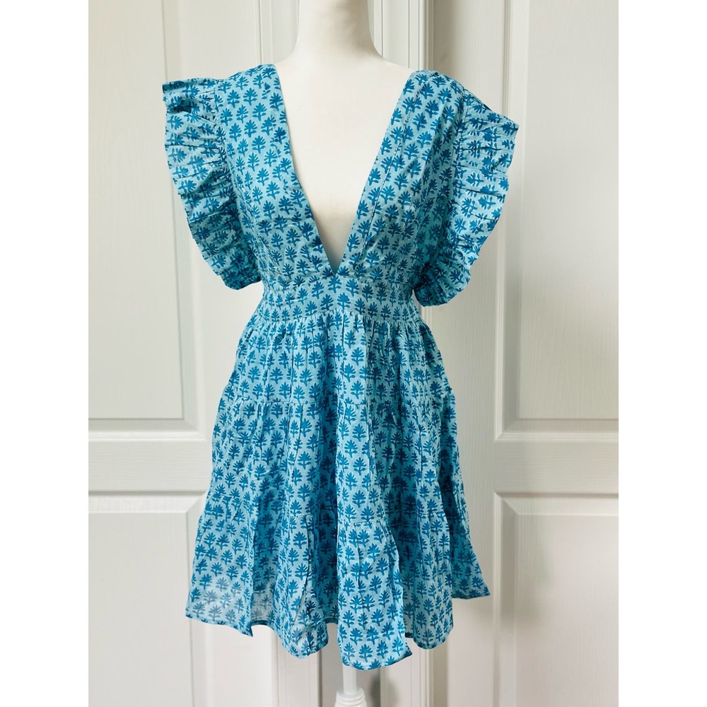 Blue Printed V-Neck Flutter Sleeve Mini Dress - Picture 3 of 11